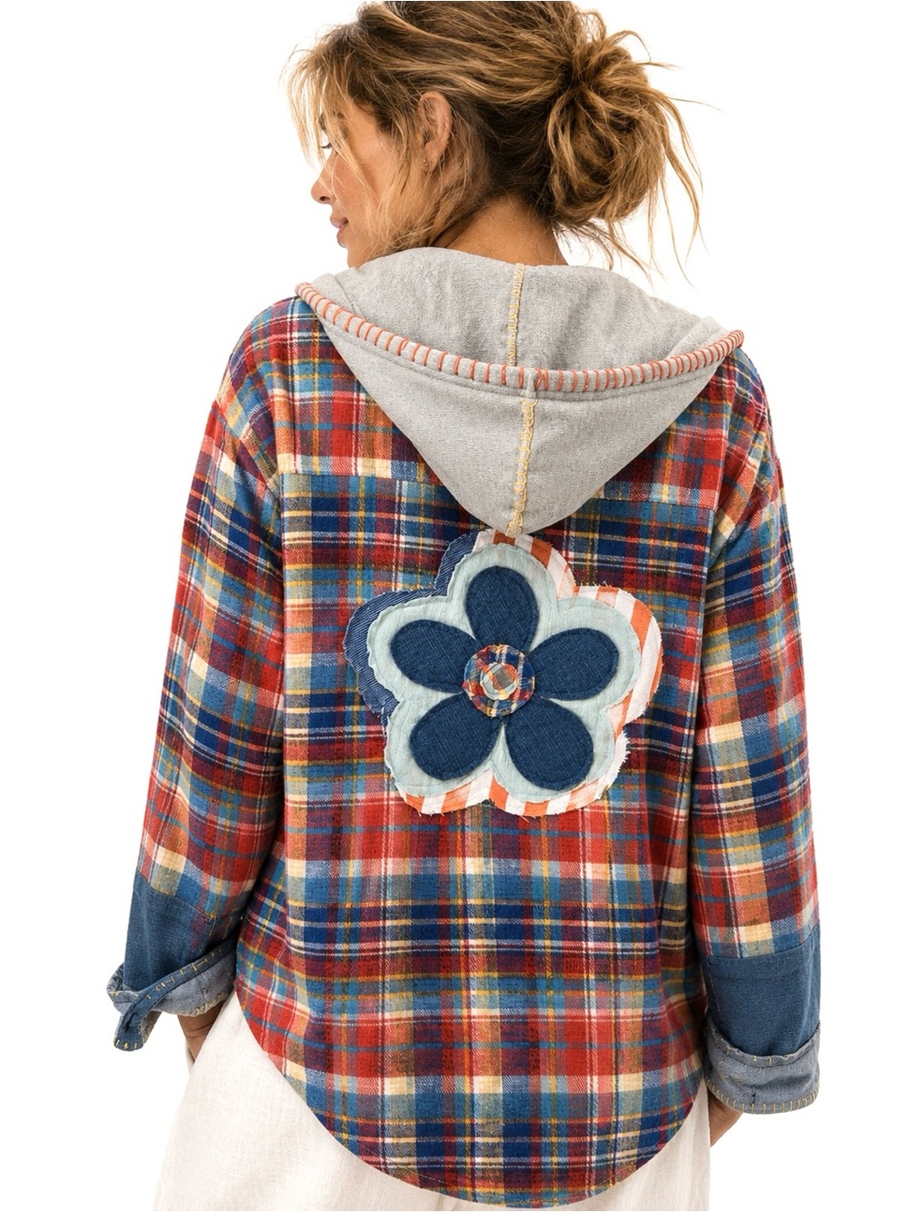 NWT Boho Plaid Flannel Hoodie Shirt Jacket M/L Oversized Cotton Shacket Handmade